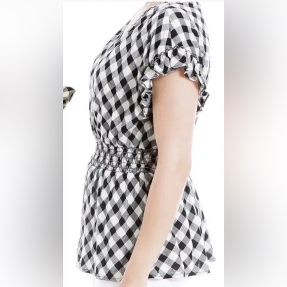 Max Studio Black White Gingham V-Neck Ruffle Sleeve Peplum Blouse Size XS - Picture 2 of 4